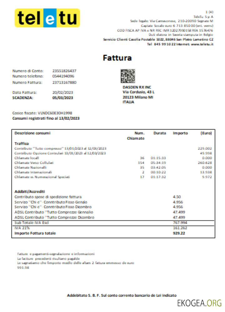 TeleTu S p Une facture d'entreprise de services publics, SCR